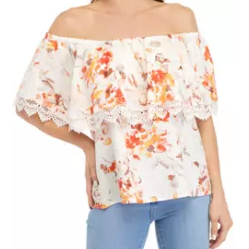 Cupio Women's Printed Off the Shoulder Lace Trim Top Size XL